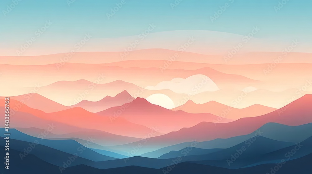 Aufkleber ピクセルアートの山脈の風景 日没時の空 オレンジと青のグラデーション 丘陵のシルエット 抽象的な背景デザイン