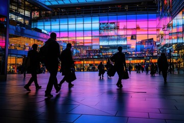Crowded indoor shopping plaza at night, vibrant colorful LED panels