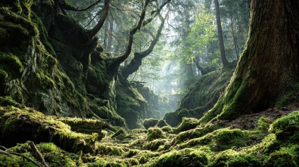 Enchanted Forest Landscape with Lush Green Moss, Towering Trees, and Soft Sunlight Filtering Through Misty Canopy in a Tranquil Nature Setting
