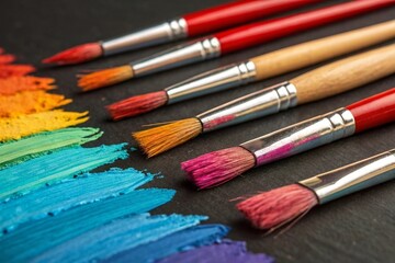 Fototapeta premium Closeup of Colorful Paintbrushes with Paint on a Dark Surface.
