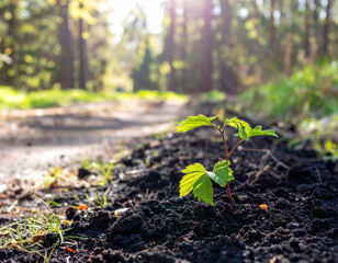 A sapling growing in fresh black soil under soft sunlight near a forest trail.
