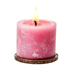 lit pink candle with soft flame on clean white surface
