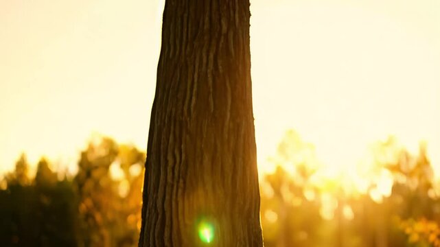 Tilt down video reveals a towering tree base with golden hour light filtering onto a tiny oak sprout, concept of growth and nature