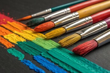 Fototapeta premium Closeup of Colorful Paintbrushes with Paint on a Dark Surface.
