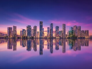 Fototapeta premium Stunning city skyline at twilight with vibrant colors reflecting in calm water, showcasing architectural beauty and serene ambiance of modern urban life
