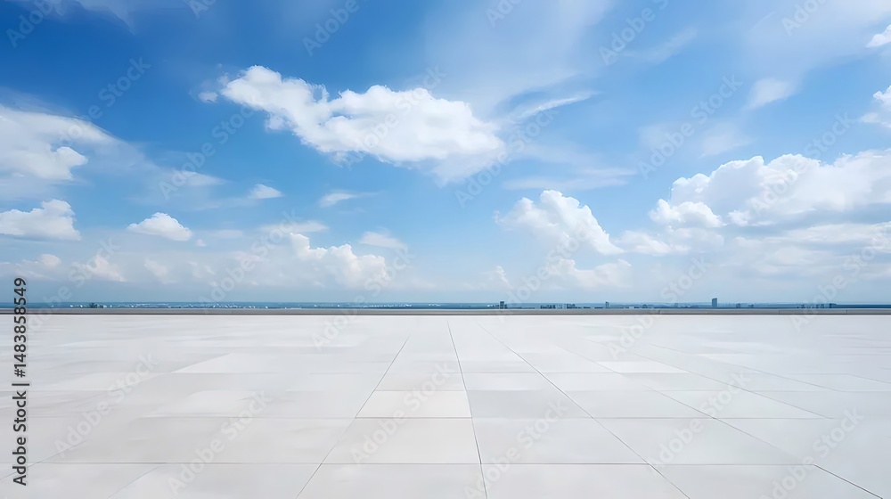 Poster 晴れた日の青い空と白い雲が広がる風景の眺めと明るい日差しが照らすオープンエアの雰囲気
