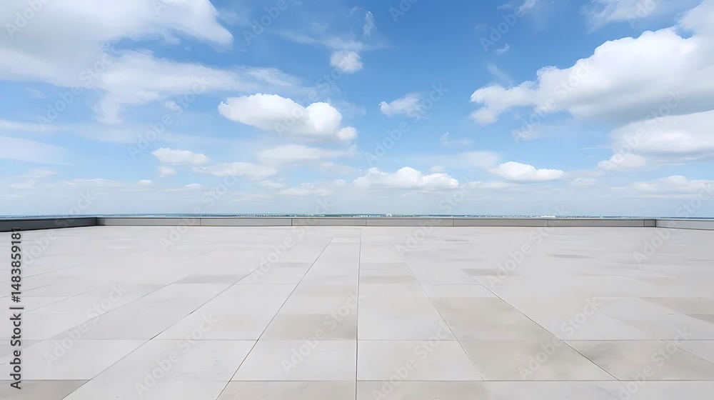 Aufkleber 屋上の白いタイル床と青い空に浮かぶ白い雲のダイナミックな眺め 広々とした空間と爽やかな開放感