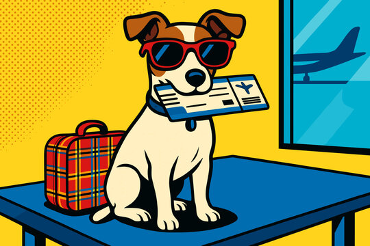 Cartoon dog in sunglasses with plane ticket and suitcase at airport, colorful travel illustration &ndash; pet travel concept