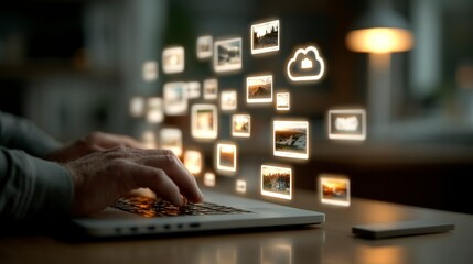 Hands on a laptop with floating images and cloud icon representing digital storage and photo e