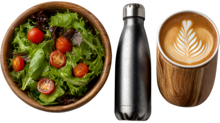 Healthy Lunch Break Salad Coffee and Water Bottle