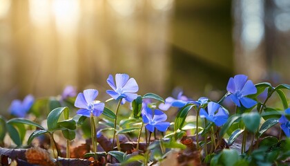 blue flowers periwinkle in forest in the sunlight in a spring morning on background blur forest