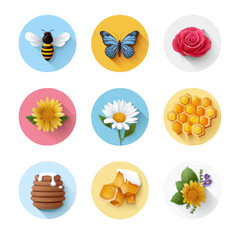 Icons set with honey bee and flowers isolated on transparent background