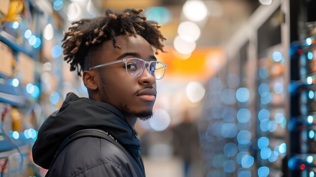 Engineer checking server racks in data center blue LED lights cyber security theme sharp focus 35mm lens f28