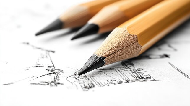 Three pencils rest on a sheet of paper, one poised to draw geometric shapes. - Powered by Adobe