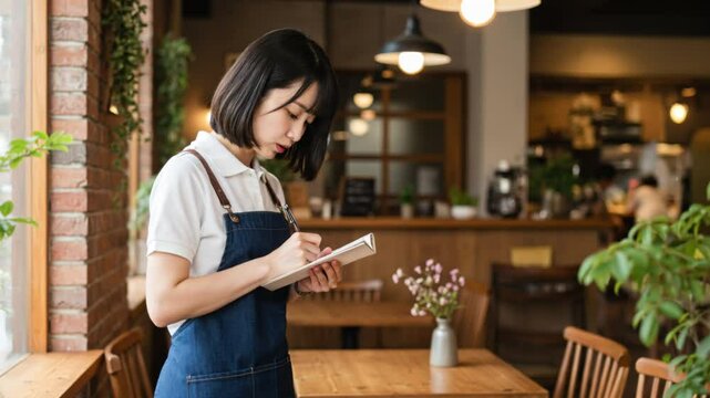 メモを取りながら笑顔で接客するカフェ店員の女性