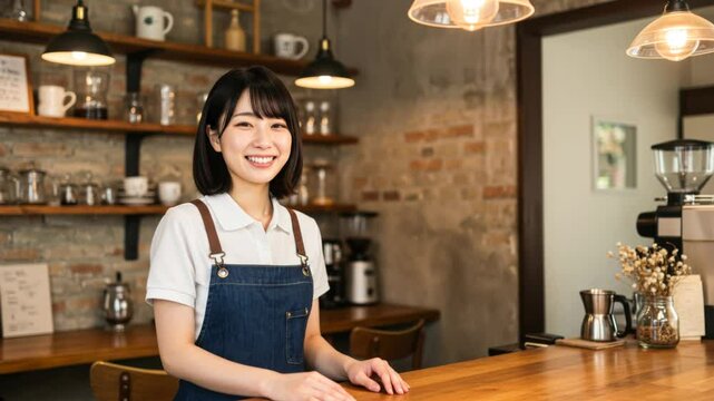 カフェで笑顔を見せる若い日本人女性スタッフ 店員