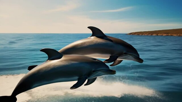 Two dolphins jumping out of the water. Scene is joyful and playful. The dolphins are in the ocean, and they are having fun