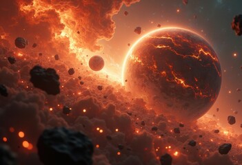 A stunning cosmic scene featuring a fiery planet surrounded by asteroids