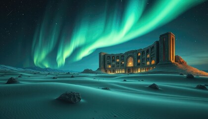 Northern lights over ancient building in surreal desert landscape.
