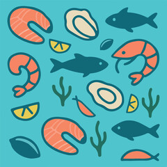 Seamless pattern of seafood: salmon, sardines, oysters, shrimp, seaweed, lemon. Food illustration