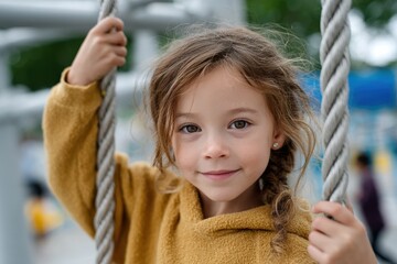 A young girl in a yellow hoodie plays on a swing, exuding happiness and carefree joy, set against a vibrant playground filled with joyful children enjoying their day.