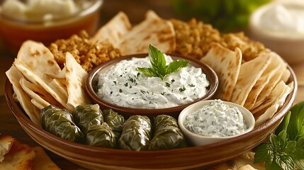 Assorted Dips with Pita Chips and Stuffed Grape Leaves