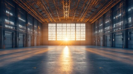 Sunlit empty industrial hangar with clean design and metal trusses