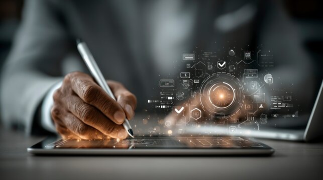 Futuristic Digital Writing Hand Holding Pen with Tablet and Augmented Reality Elements - Powered by Adobe