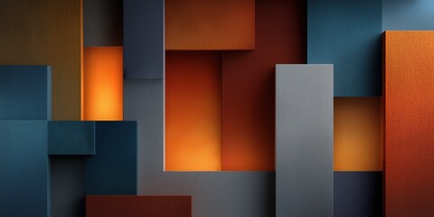 3D design featuring layered geometric blocks in bold blue, orange, and gray tones with textured surfaces