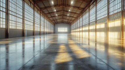 Polished concrete hangar floor, sunbeams entering from roof, empty inside 