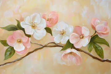 Elegant Pink and White Blossoms Spring Floral Painting