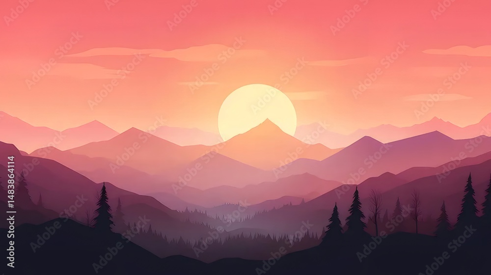 Aufkleber 桃色と紫色の空に沈む夕日のピクセルアートの山の風景と黒いシルエットの木々