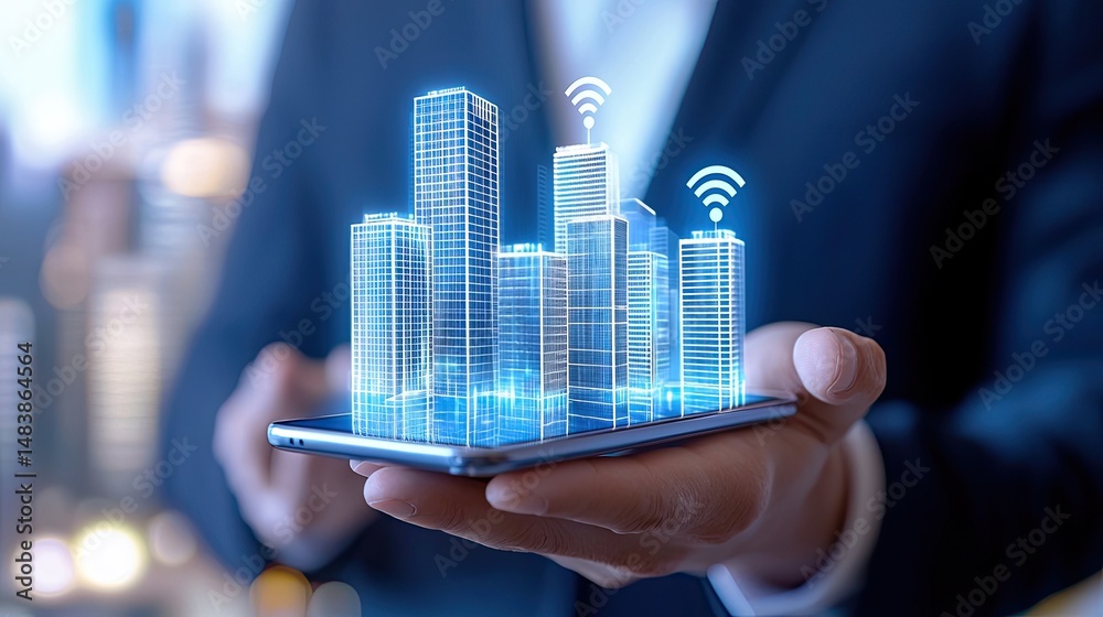 Poster smart city development digital model on mobile device