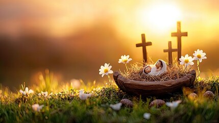 Baby Jesus in manger with crosses at sunset