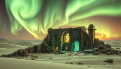 Aurora Borealis illuminates ancient ruins in desert landscape
