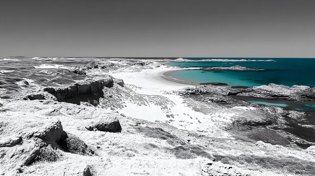 Stunning Coastal Landscape Black and White Beach Scene Turquoise Ocean Rocky Shoreline