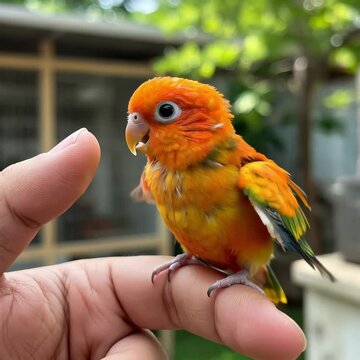 Un moment de complicit&eacute; avec un petit perroquet orange