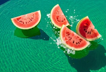 Two slices of watermelon floating in a swimming pool.