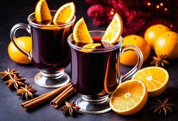 Three glasses of mulled wine with orange slices and cinnamon sticks.