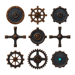 Fototapeta premium Collection of nine vintage metal gears and cogs with intricate designs, showcasing steampunk aesthetic. gears vary in shape and size, featuring rustic, industrial look