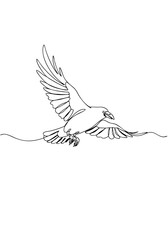 Continuous line drawing of a bird flying above a serene sea  