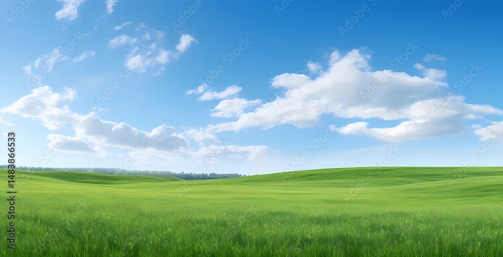 Aufkleber 緑豊かな草地と白い雲が浮かぶ青空の広大な風景 パノラマの視点から見た晴れた日の穏やかな自然のシーン