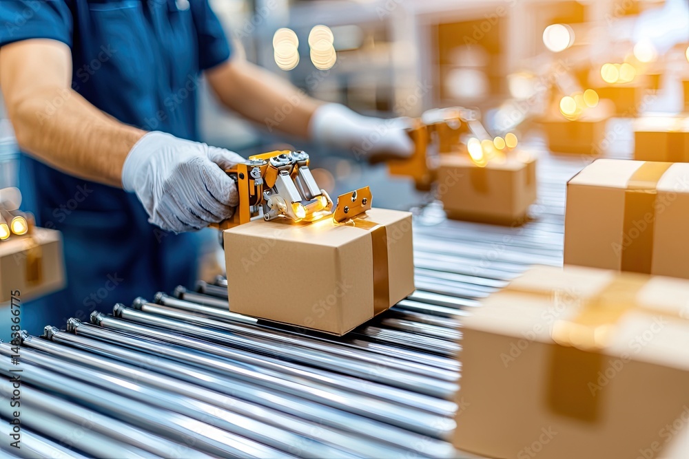 Poster Worker uses automated machine to package boxes