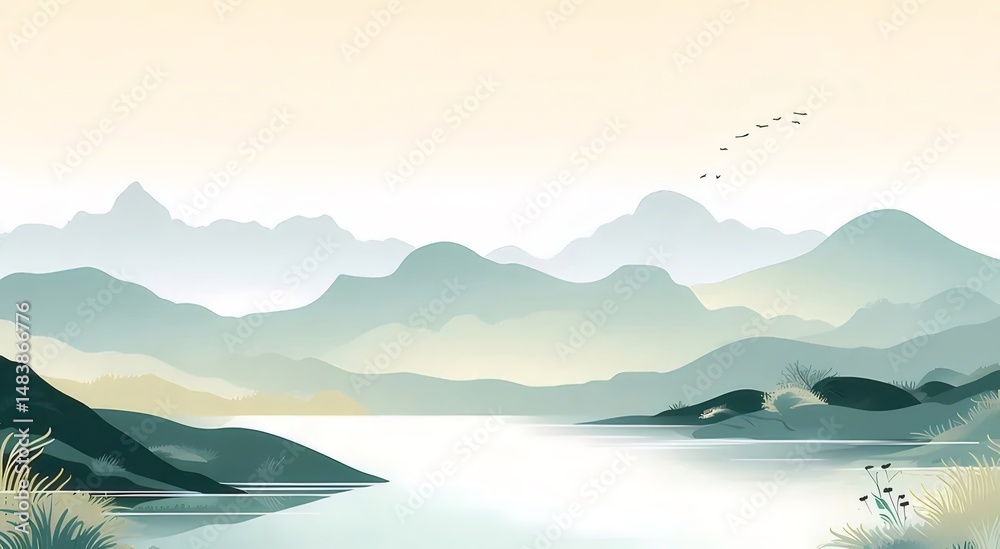Aufkleber 静かな湖と山々のピクセルアートの風景 平和な水面と山並みの背景 美しいデジタルアートの壁紙