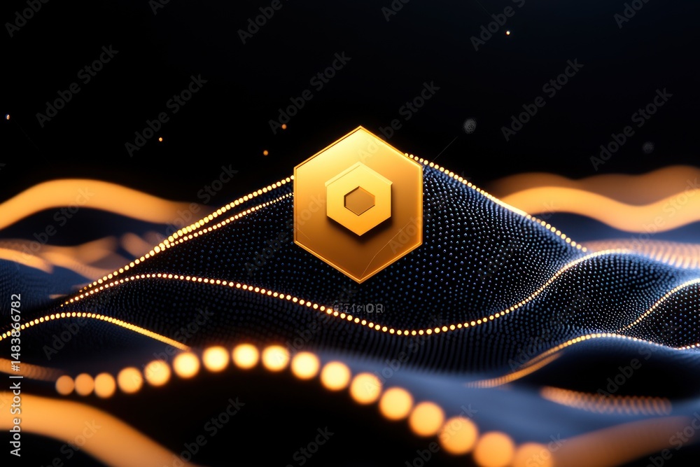 Aufkleber golden hexagon on dotted wave background with glowing lights
