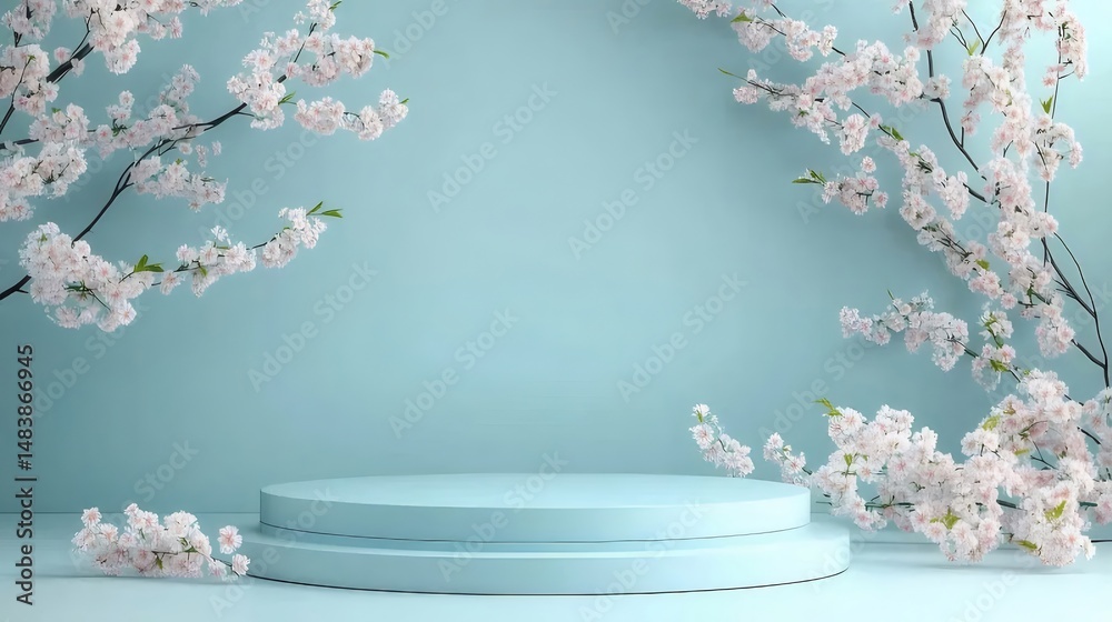 Aufkleber ライトブルーの背景に桜の枝と円形ステージのあるミニマルな製品展示台のスタジオショット