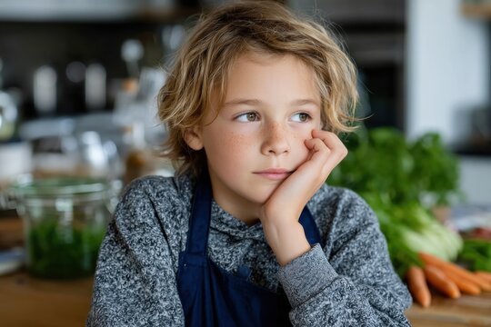 A pensive young boy, dressed in an apron, contemplates while engaging in cooking activities in a bright kitchen, representing creativity and the joy of culinary exploration.