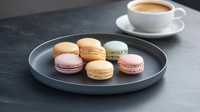 Colorful Macarons on a Plate with Coffee