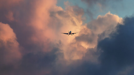 An airplane in flight against a vivid sunset sky beautiful natural background