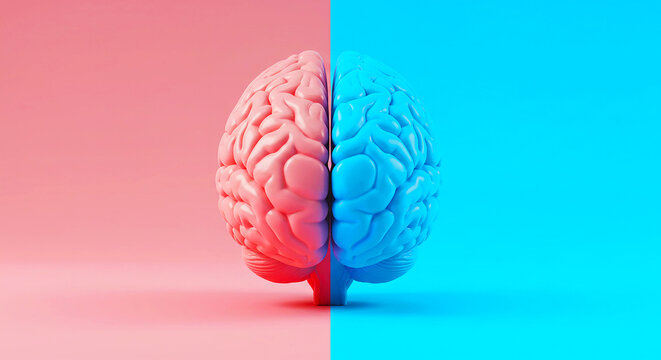 A brain split in half with one side pink and the other side blue on a pink and blue background